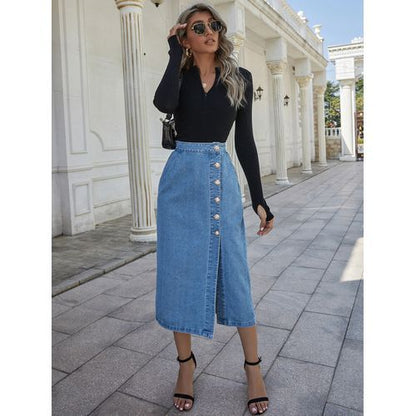 Ins Fashion High Waist Single Breasted Denim Women Skirts