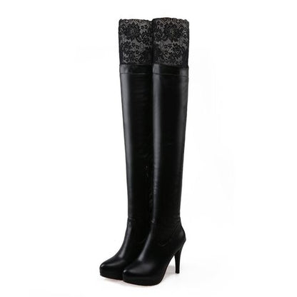 Women Lace Platform High Heels Knee High Boots