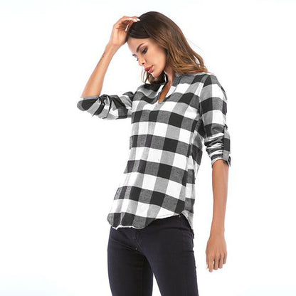 Casual Plaid Spring Fit V-neck Versatile Women  Blouses