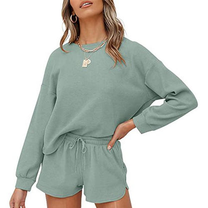 Women Long Sleeve T Shirt Tops Shorts Solid Color Home Two-piece Suit