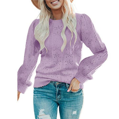 Women Hollow Long Sleeve Pullover Bubble Sleeve Sweater