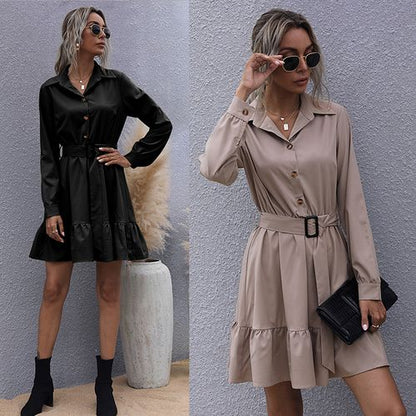 Women Solid Color Pleated Long Sleeved Dress with Belt