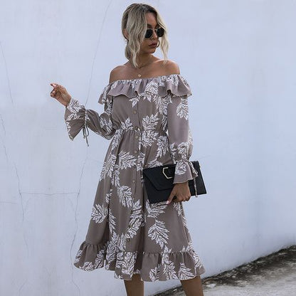 Women Off Shoulder Floral Printed Long Sleeved Dress