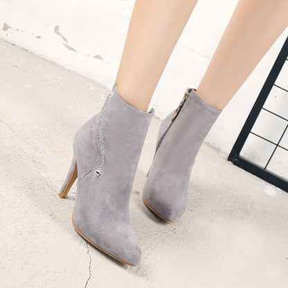 Pointed Toe Rhinestone Women High Heels Short Boots