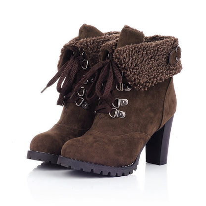 Purfle Buckle Lace Up Ankle Boots High Heels Shoes 9627