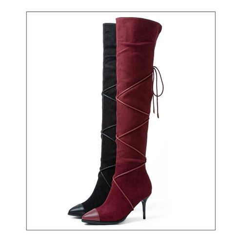 Women Pointed Toe Suede High Heels Knee High Boots