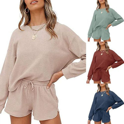 Women Long Sleeve T Shirt Tops Shorts Solid Color Home Two-piece Suit