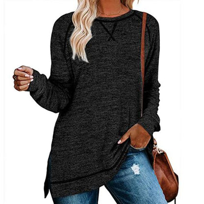 Womens Solid Color Round Neck Pullover Long Sleeved Top