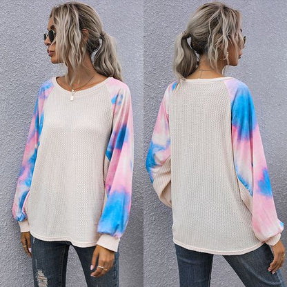 Tie-dyed Spliced Long-sleeved S Spring Loose Round Neck Tops Women T Shirts