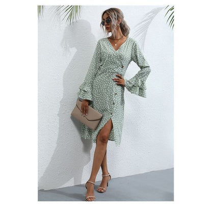 Women Lotus Leaf Sleeve Printed Long Sleeved Chiffon Dress