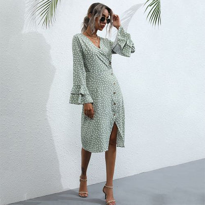 Women Lotus Leaf Sleeve Printed Long Sleeved Chiffon Dress