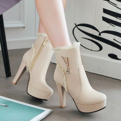 Women's Lace Rhinestone High Heels Platform Short Boots