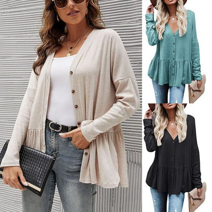 Women Mid-length Single-breasted Buttoned Long-sleeved Cardigan Irregular Hem Tops