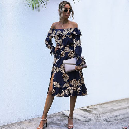 Women Off Shoulder Floral Printed Long Sleeved Dress