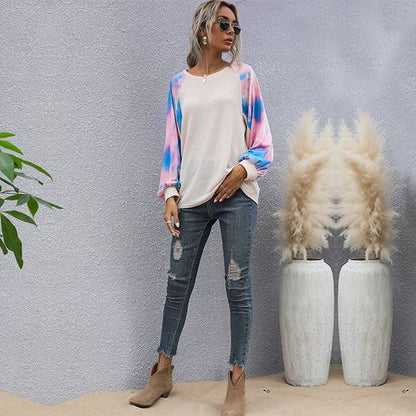 Tie-dyed Spliced Long-sleeved S Spring Loose Round Neck Tops Women T Shirts