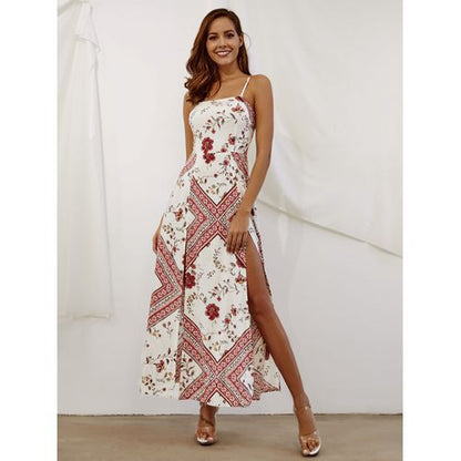 Sexy Shoulder Lace-up Ethnic Print Slit Holiday Women's Dresses