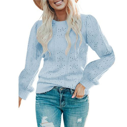 Women Hollow Long Sleeve Pullover Bubble Sleeve Sweater