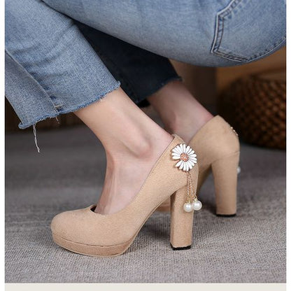 Women Flower Pearl Platform Pumps High Heels