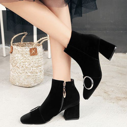 Square Toe Zipper Women High Heels Short Boots