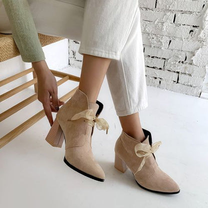 Women Suede Ribbon High Heels Short Boots