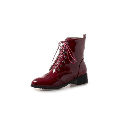 Round Toe Patent Leather Lace Up Women's Ankle Boots