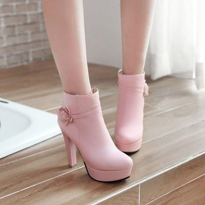 Women's Flower High Heels Platform Short Boots