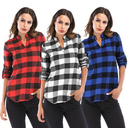 Casual Plaid Spring Fit V-neck Versatile Women  Blouses