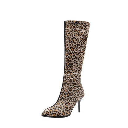 Women Leopard Print High Heels Knee High Boots