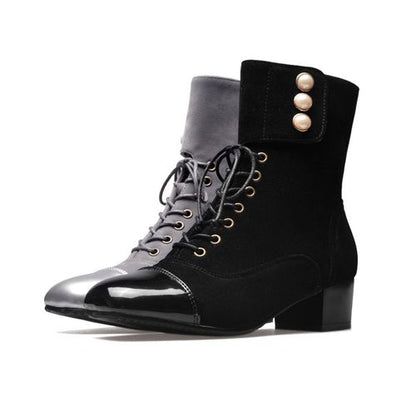 Women Lace Up Pearl Low Heels Short Boots