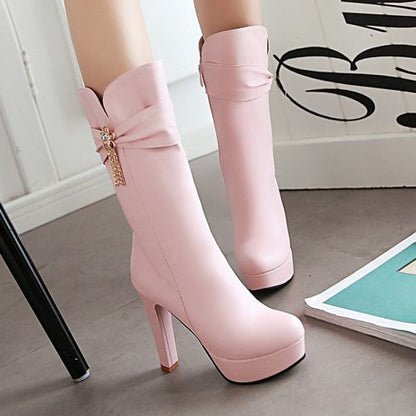 Women Rhinestone Flower High Heels Platform Mid Calf Boots