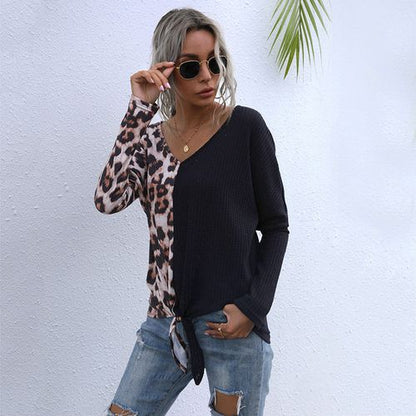 Women Leopard Print Stitching Color Contrast Top Long Sleeved T Shirt