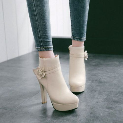 Women's Flower High Heels Platform Short Boots