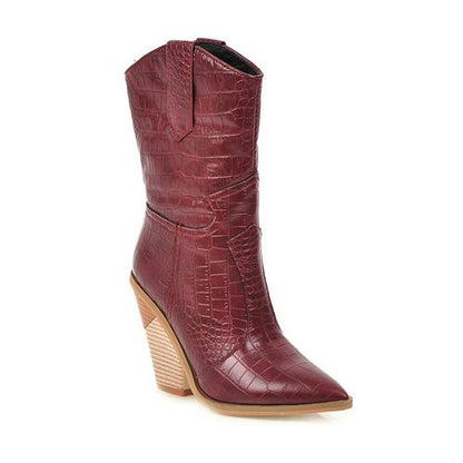 Women Pointed Toe Chunky High Heel Short Boots