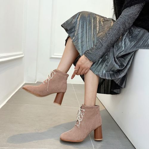 Women Lace Up High Heels Short Boots