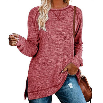 Womens Solid Color Round Neck Pullover Long Sleeved Top