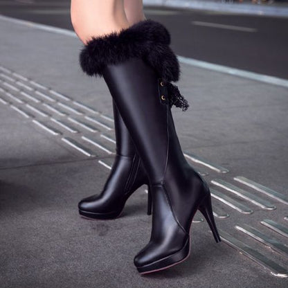 Women Fur High Heels Knee High Boots