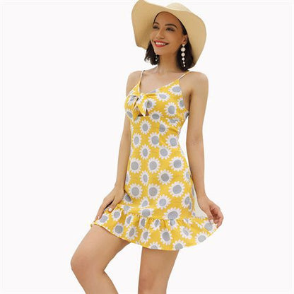 Holiday Print Summer Shoulder Lace-up Short Women's Dresses