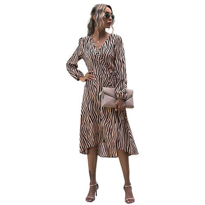 Women Striped V-neck Lace Mid-length Dress