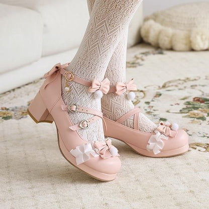 Women Chunky Heel Pumps Mary Janes Shoes with Bowtie