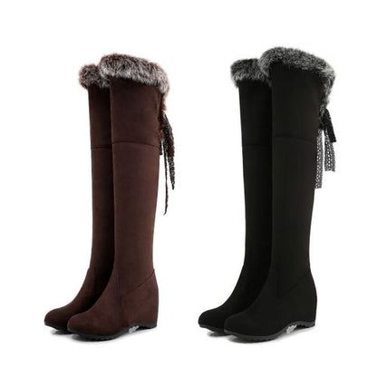 Women Fur Over the Knee Wedges Heels Boots