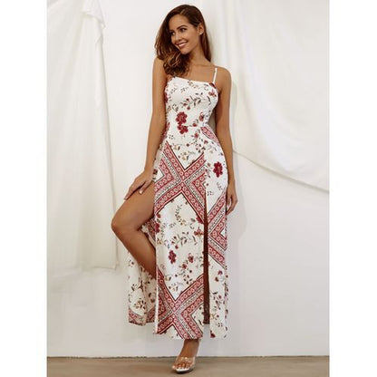 Sexy Shoulder Lace-up Ethnic Print Slit Holiday Women's Dresses