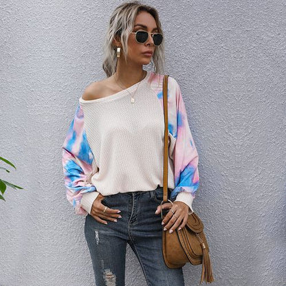 Tie-dyed Spliced Long-sleeved S Spring Loose Round Neck Tops Women T Shirts