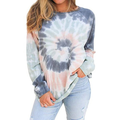 Womens Gradient Long Sleeve Tie Dyed T Shirt Top Round Neck Sweater