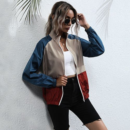 Women Contrast Color Stand-up Collar Jacket Coat