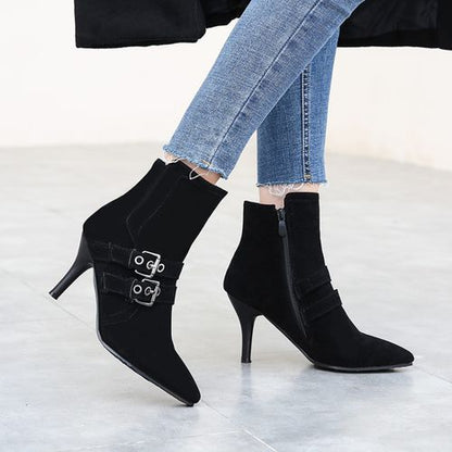 Pointed Toe Buckle Women's High Heeled Ankle Boots