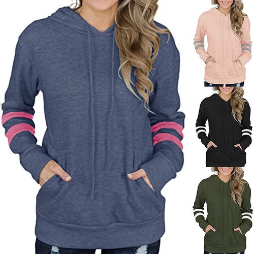 Womens Contrasting Striped Hoodie Kangaroo Pocket Sweater