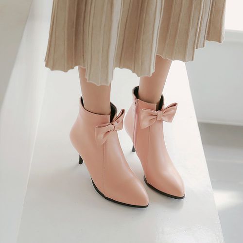 Women Pointed Toe Bowtie High Heels Ankle Boots