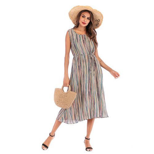 Round Collar Vertical Striped Sleeveless Vest Skirt Color Striped Straps Women Dresses