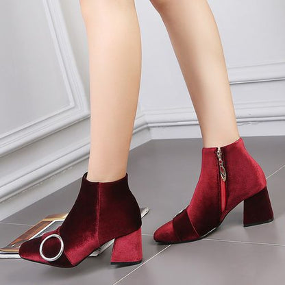 Square Toe Zipper Women High Heels Short Boots