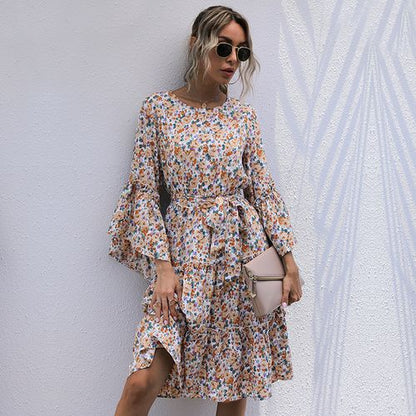 Women Chiffon Floral Round Neck Long Sleeved Dress